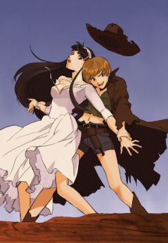 2girls absurdres amagi_yukiko black_eyes black_hair boots breasts brown_coat brown_eyes brown_hair cleavage coat cowboy_hat cowboy_western crop_top derivative_work dress grabbing_from_behind gun hairband handgun hat highres holding_another's_wrist holster long_hair medium_breasts midriff multiple_girls neon_genesis_evangelion parody persona persona_4 restrained revolver satonaka_chie shinji_to_yukai_na_nakama-tachi short_hair shorts smile torn_clothes torn_dress weapon white_dress yarblokkos