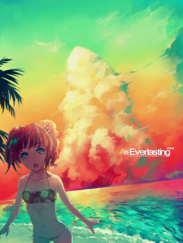 1girl :o bad_id bad_pixiv_id beach bikini cloud dutch_angle female_focus flat_chest highres horizon idolmaster idolmaster_(classic) kimera looking_at_viewer multicolored_eyes ocean open_mouth orange_hair outdoors palm_tree short_hair side-tie_bikini_bottom sky solo sunset swimsuit takatsuki_yayoi tree twilight twintails water