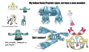 Rule 34 | artist request, bronzong, chimecho, claws, comparison, english text, full body, gen 3 pokemon, gen 4 pokemon, gen 7 pokemon, iron crown, iron valiant, jirachi, legendary pokemon, looking at another, mega chimecho, mega metagross, mega pokemon, meme, meme request, metagross, mythical pokemon, nintendo, no humans, pokemon, pokemon (creature), pokemon focus, pun, smile, solgaleo, white background