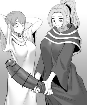 1futa 1girl 2025 absurdres bar_censor breasts bulge censored erection erection_under_clothes futa_with_female futanari gradient_background greyscale highres huge_breasts huge_penis long_hair looking_at_penis monochrome nami_(one_piece) nami_(one_piece)_(alabasta) nefertari_vivi one_piece penis penis_awe penis_grab ponytail robe sweat tekkin_papa wide-eyed wide_sleeves