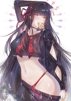 1girl a_r_i_a absurdres arm_cutout arm_up artist_name black_choker black_hair black_serafuku black_shirt black_skirt blunt_bangs bread bread_slice breasts chisa_(wuthering_waves) choker clothes_pull clothing_cutout commentary cowboy_shot crop_top crop_top_overhang cropped_shirt detached_sleeves food food_in_mouth hair_ribbon highres large_breasts long_hair long_sleeves looking_at_viewer mole mole_under_eye mouth_hold navel neckerchief panties pleated_skirt red_eyes red_nails red_neckerchief red_panties red_ribbon ribbon sailor_collar school_uniform serafuku shirt single_detached_sleeve skirt skirt_pull solo stomach toast toast_in_mouth underwear white_sailor_collar wuthering_waves