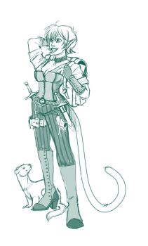 1girl arm_behind_head asheltots bag belt boots breasts choker cleavage collar corset dagger gnome grin high_heel_boots high_heels highres holding holding_bag knife lace lace_choker large_breasts linnwynn_coriwick_(asheltots) medium_hair monochrome pants parted_lips pointy_ears shirt short_sleeves simple_background smile tail weapon weasel