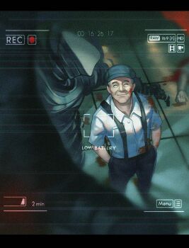 1boy absurdres ajin_(sakurai_gamon) black_hat blood blood_on_clothes blood_on_face closed_eyes closed_mouth facing_viewer hat highres kexue male_focus old old_man satou_(ajin) shirt smile solo static suspenders white_shirt