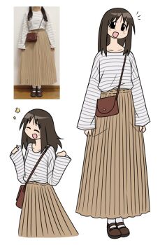 Rule 34 | 1girl, ^ ^, azumanga daiou, bag, black eyes, brown hair, brown skirt, closed eyes, collarbone, empty eyes, farhan melukis, fashion, kasuga ayumu, long skirt, looking at viewer, multiple views, open mouth, photo inset, shirt, shoulder bag, simple background, skirt, smile, standing, striped clothes, striped shirt, white background