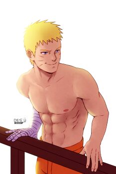 Rule 34 | 1boy, abs, absurdres, artist name, bandaged arm, bandages, blonde hair, blue eyes, boruto: naruto next generations, commentary, english commentary, facial mark, highres, iamdslr, male focus, muscular, muscular male, naruto (series), pectorals, railing, signature, smile, solo, topless male, upper body, uzumaki naruto, whisker markings