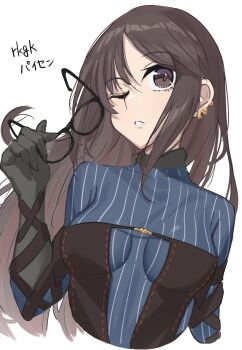 1girl absurdres arm_strap black_dress black_gloves blue_dress breasts brown_eyes brown_hair center_opening dress earrings elbow_gloves fate/grand_order fate_(series) glasses gloves highres jewelry layered_dress long_hair long_sleeves looking_at_viewer medium_breasts one_eye_closed parted_lips ribbed_dress ribbon-trimmed_dress ribbon_trim solo toukan very_long_hair yu_mei-ren_(fate) yu_mei-ren_(first_ascension)_(fate)
