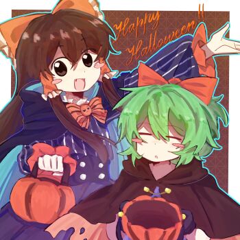 2girls :d absurdres alternate_costume blush_stickers border bow bowtie brown_background brown_cape brown_eyes brown_hair cape chinese_commentary coat commentary_request cookie_(touhou) daiyousei diyusi_(cookie) fangs frilled_bow frilled_hair_tubes frills green_hair hair_bow hair_tubes hakurei_reimu halloween halloween_bucket halloween_costume happy_halloween highres long_hair looking_at_viewer multiple_girls noel_(cookie) open_mouth orange_bow orange_bowtie outside_border purple_coat short_hair sidelocks smile spookygemini touhou upper_body white_border