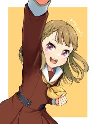 Rule 34 | 1girl, :d, arm up, blunt bangs, border, braid, brown dress, brown hair, clenched hand, dress, hasu no sora school uniform, highres, kachimachi kosuzu, light blush, link! like! love live!, long hair, long sleeves, looking at viewer, love live!, mendo (mend0o0 ), neckerchief, open mouth, pink eyes, pleated dress, sailor collar, sailor dress, school uniform, side braids, smile, solo, straight hair, teeth, translation request, virtual youtuber, white border, white sailor collar, winter uniform, yellow background, yellow neckerchief