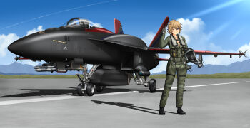 1girl ;) absurdres aim-120_amraam aim-9_sidewinder air-to-air_missile aircraft airplane black_boots blonde_hair blue_eyes blue_sky bodysuit boots breasts brown_bodysuit brown_hair canopy_(aircraft) chest_rig cleavage cloud cloudy_sky collarbone commentary commission contrail english_commentary external_fuel_tank f/a-18e_super_hornet fighter_jet flight_suit full_body grass grin hand_up helmet highres lace-up_boots landing_gear light_rays medium_breasts military military_vehicle missile mountainous_horizon multicolored_hair one_eye_closed original oxygen_mask pilot pilot_helmet pouch runway shadow short_hair sky smile solo standing v vehicle_focus zero_(73ro)