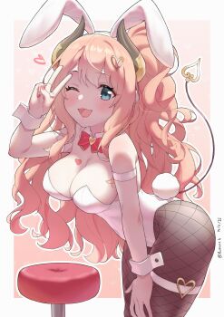 Rule 34 | 1girl, absurdres, animal ear hairband, animal ears, black pantyhose, blonde hair, blue eyes, bow, bowtie, breasts, curled horns, demon horns, demon tail, detached collar, fake animal ears, fishnet pantyhose, fishnets, hairband, hand on own thigh, highres, horns, large breasts, leotard, long hair, looking at viewer, one eye closed, orange hair, pantyhose, playboy bunny, princess connect!, rabbit ears, rabbit tail, red bow, red bowtie, ruinone, smile, solo, stool, strapless, strapless leotard, suzuna (princess connect!), tail, v, white leotard, wrist cuffs