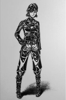 1girl black_jacket bob_cut boots bordfunker133 breast_pocket cargo_pants commentary_request cougar_pattern cougar_pattern_foulard cross dress_shirt foulard full_body genderswap genderswap_(mtf) greyscale hand_on_own_hip hans-joachim_marseille hat highres iron_cross jacket leather leather_jacket looking_at_viewer marseille-chan_(bordfunker133) medium_hair military monochrome original pants photo_(medium) pocket real_life shirt simple_background smile soldier solo world_war_ii