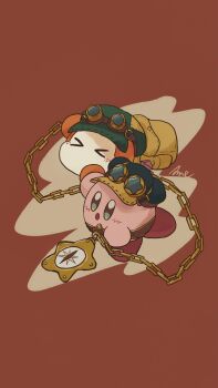 >_< :o artist_request bandana_waddle_dee belt black_hat blue_eyes brown-framed_eyewear brown_belt chain falling goggles goggles_on_headwear gold_chain green_hat hat highres holding holding_hands holding_pocket_watch hoshi_no_kirby:_mugen_no_haguruma_o_sagase! kirby_(series) looking_ahead newsboy_cap nintendo no_headwear open_mouth pocket_watch red_background round_eyewear signature source_request star-shaped_eyewear star_(symbol) steampunk third-party_source watch
