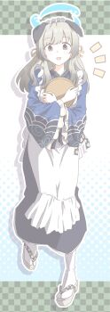 1girl absurdres animal_ears apron black_dress blue_archive blue_kimono brown_eyes commentary_request dog_ears dress drop_shadow ears_down full_body grey_hair halo hariyaa highres holding holding_tray hugging_object japanese_clothes kimono light_blush long_hair long_sleeves looking_at_viewer maid_apron maid_headdress open_mouth outline sandals smile socks solo tabi tray umika_(blue_archive) white_outline white_socks wide_sleeves