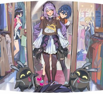 4girls absurdres ascot astra_yao bangboo_(zenless_zone_zero) belle_(zenless_zone_zero) black_hair black_pants black_shirt black_thighhighs blonde_hair blue_hair blush bow bowtie box breasts brown_pantyhose cleavage clothes_hanger coat coat_on_shoulders crossed_bangs dress drill_hair evelyn_chevalier gem gift green_eyes hair_between_eyes hair_ornament hairband hashibiro_kou_(garapiko_p) heart high-waist_pants highres holding holding_box holding_gift holding_shirt holding_unworn_clothes implied_yuri jewelry large_breasts letter_hair_ornament long_hair looking_at_another looking_at_mirror mirror multiple_girls necklace open_mouth pants pantyhose pearl_necklace pointy_ears purple_ascot purple_bow purple_bowtie purple_gem purple_hair purple_hairband red_eyes red_shrug reflection reflection_focus shirt short_hair shrug_(clothing) single_thighhigh sunglasses sweat t-shirt thigh_beads thighhighs unworn_shirt vivian_banshee white_dress white_hairband white_shirt white_shrug zenless_zone_zero