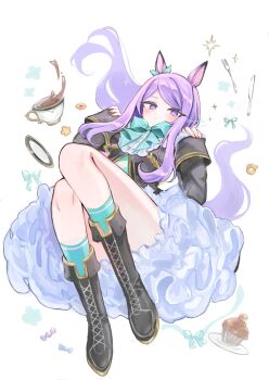 1girl animal_ears aqua_bow aqua_bowtie bow bowtie commentary cup cupcake floating floating_object food fork highres horse_ears horse_girl horse_tail knife long_hair looking_at_viewer mejiro_mcqueen_(frontline_elegance)_(umamusume) mejiro_mcqueen_(umamusume) moko_(mokochisa) plate purple_eyes purple_hair saucer simple_background sleeves_past_wrists solo symbol-only_commentary tail teacup umamusume white_background