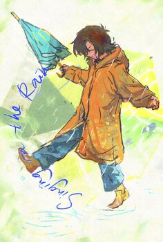 1boy blue_pants brown_hair brown_shoes closed_umbrella coat commentary_request full_body happy highres long_sleeves male_focus mauvh open_mouth orange_coat outstretched_arms pants rain raincoat shoes singin'_in_the_rain solo spread_arms toboe_(wolf's_rain) umbrella wolf's_rain