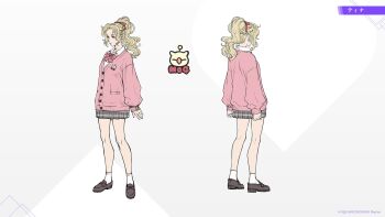 1girl bare_legs blonde_hair bow bowtie cardigan commentary_request dissidia_duellum_final_fantasy dissidia_final_fantasy final_fantasy final_fantasy_vi full_body highres multiple_views official_alternate_costume official_art pink_cardigan pleated_skirt ponytail reference_sheet school_uniform skirt solo standing striped_bow striped_bowtie striped_clothes terra_branford_(school_cardigan) tina_branford turnaround