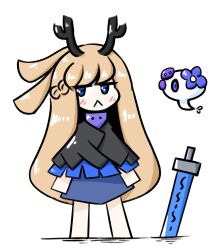 Rule 34 | 1girl, :&lt;, ancient rabbit, animal ears, antlers, barefoot, black capelet, black horns, blonde hair, blue skirt, blush, capelet, chibi, closed mouth, commentary, english commentary, floppy ears, full body, half up braid, highres, horns, long hair, looking at viewer, medium bangs, minimasa, planted, planted sword, planted weapon, rabbit and steel, rabbit ears, rabbit girl, simple background, skirt, solo, standing, sword, very long hair, weapon, white background