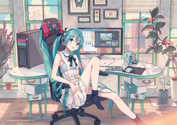 1girl alternate_costume aqua_eyes aqua_hair artist_collaboration black_socks bow bowtie bug butterfly cactus chair chibi city cloud computer computer_keyboard computer_mouse computer_tower drawing_(object) dress female_focus figure flower green_eyes green_hair hair_between_eyes hatsune_miku headphones headset highres indoors insect ixima leg_up long_hair looking_at_viewer monitor office_chair parted_lips plant pleated_skirt potted_plant ribbon sitting skirt socks solo speaker suspender_skirt suspenders swivel_chair twintails very_long_hair vocaloid window window_blinds