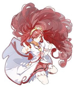 1girl absurdres back_bow bow brooch clenched_hand closed_mouth coat commentary_request cure_ace curly_hair dokidoki!_precure drill_hair heart heart_brooch highres jewelry kneeling long_hair looking_at_viewer madoka_aguri magical_girl morgue_(southsakura) one_eye_closed pointing pointing_at_viewer precure puffy_sleeves red_bow red_eyes red_hair red_skirt simple_background skirt solo white_background white_coat white_wrist_cuffs wrist_cuffs