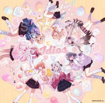 6+girls ahoge album_cover aqua_eyes brown_hair closed_mouth commentary_request cover earrings green_eyes grey_eyes grey_hair heterochromia idios igarashi_rika ishigami_nozomi jacket jewelry kaburaki_roco kneehighs koshimizu_toru kuramochi_meruto loafers long_hair long_sleeves looking_at_viewer lying multiple_girls nijisanji official_art on_back on_side open_clothes open_jacket open_mouth orange_hair pink_eyes pink_hair school_uniform shishido_akari shoes skirt smile socks sophia_valentine teeth touka_moru04 upper_teeth_only virtual_youtuber white_socks