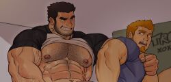 Rule 34 | 2boys, abs, arm around shoulder, bad tag, bara, bare pectorals, beard stubble, black hair, clothes lift, couple, cropped, earrings, facial hair, fang, goatee, grin, hairy, highres, imatoart, imminent anal, imminent penetration, jewelry, large pectorals, lucas&#039;s ginger friend, lucas lee, male focus, multiple boys, muscular, muscular male, nipples, number tattoo, pectorals, raglan sleeves, scott pilgrim (series), scott pilgrim takes off, shirt, shirt lift, short hair, short sleeves, sideburns stubble, smile, spiked hair, strongman waist, stubble, t-shirt, tattoo, thick arm hair, thick chest hair, thick eyebrows, triceps, upper body, v-shaped eyebrows, veins, veiny arms, yaoi