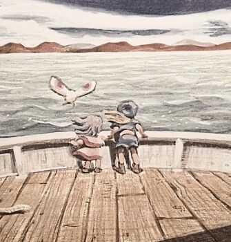 1boy 1girl boat cloud dress from_behind full_body grandia grandia_i hat highres justin_(grandia) koichi_noda long_hair mountain ocean orange_hair purple_hair puui_(grandia) sue_(grandia) watercraft