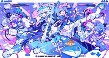 Rule 34 | 2girls, absurdres, ahoge, bilibili, bilibili logo, blue hair, bodysuit, boots, chibi, chibi inset, chromatic aberration, cloud, dot nose, flower, full body, gloves, hair ornament, highres, long hair, long sidelocks, long sleeves, looking at viewer, multiple girls, necktie, one eye closed, open mouth, original, pink eyes, renzhi00334233, screentones, sidelocks, unworn eyewear, watermark, white hair