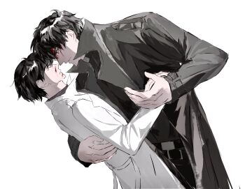 2boys 8d2suga9 black_coat black_eyes black_hair black_shirt blood blood_from_forehead blood_on_face coat cowboy_shot crying crying_with_eyes_open dip_(dance_move) hand_on_another&#039;s_back highres holding_hands kim_dokja large_hat looking_at_another male_focus multiple_boys omniscient_reader&#039;s_viewpoint open_clothes open_coat popped_collar shirt short_hair tears white_coat yaoi yoo_joonghyuk
