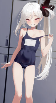 1girl artist_request bare_legs bare_shoulders blue_archive blue_one-piece_swimsuit blush covered_navel feet_out_of_frame female_focus grey_hair highres indoors locker locker_room loli long_hair looking_at_viewer mutsuki_(blue_archive) one-piece_swimsuit pink_eyes side_ponytail smile solo standing swimsuit wet