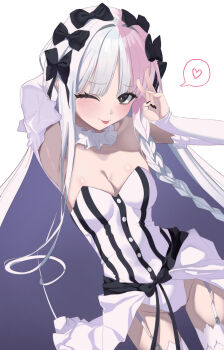 1girl absurdres arm_behind_head arm_up armpits bare_shoulders black_bow black_eyes blush bow braid breasts cleavage collar colored_inner_hair commentary_request detached_sleeves dress fate/strange_fake fate_(series) francesca_prelati_(fate) frilled_collar frills garter_straps grey_hair hair_bow highres long_hair looking_at_viewer medium_breasts multicolored_hair panties parted_bangs ringed_eyes sidelocks smile solo striped_clothes striped_dress thighhighs thighs tongue tongue_out underwear very_long_hair white_dress white_hair white_panties white_thighhighs zuki_(user_mzpz5848)