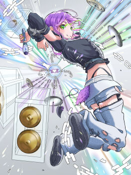 1girl absurdres arms_behind_head black_shirt blush broken broken_chain chain clothing_request commentary_request detached_sleeves eye_trail eyelashes full_body green_eyes highres holding holding_microphone hololive light_trail microphone midriff mumei_(mumeillust1123) purple_hair shirt short_hair smile solo speaker tail tokoyami_towa virtual_youtuber