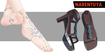 1girl anklet barefoot brown_footwear close-up copyright_name feet foot_focus footprints_on_shoes greek_toe grey_background high_heels highres jewelry liang_mu lower_body nail_polish out_of_frame pink_nails sandals shoes soles solo tattoo toe_ring toenail_polish toenails toes two-tone_background unworn_sandals unworn_shoes