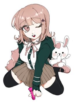 1girl ;d black_thighhighs bow breasts brown_hair brown_skirt chess_piece collared_shirt danganronpa_(series) danganronpa_2:_goodbye_despair ear_bow flipped_hair hair_ornament jacket long_sleeves looking_at_viewer medium_hair miniskirt nanami_chiaki nanase_1005 neck_ribbon one_eye_closed open_mouth pink_bow pink_eyes pink_ribbon pleated_skirt ribbon shirt simple_background skirt smile teeth thighhighs usami_(danganronpa) white_background white_shirt