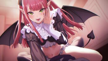 Rule 34 | 1boy, 1girl, :d, arm support, black nails, black pants, black shirt, black wings, blunt bangs, blush, breasts, commentary request, cosplay, crop top, deca purio, demon girl, demon tail, demon wings, fangs, fingernails, girl on top, gojou wakana, green eyes, hetero, highres, indoors, kitagawa marin, leaning forward, long fingernails, long hair, long sleeves, looking at viewer, medium breasts, nail polish, navel, open mouth, pants, pink hair, pointy ears, pov, rizu-kyun, rizu-kyun (cosplay), shirt, sidelocks, sleeves past wrists, smile, solo focus, sono bisque doll wa koi wo suru, spread legs, stomach, tail, two side up, wings