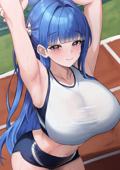 Rule 34 | 1girl, absurdres, arcana (nikke), armpits, black buruma, black eyes, blue hair, breasts, buruma, commentary, goddess of victory: nikke, hair ornament, highres, huge breasts, long hair, midriff, navel, running bond, small chair (xiaosaiyi33818), smile, solo, stretching, tank top, very long hair, white tank top