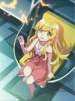 1girl absurdres arm_at_side arm_support bare_arms bare_legs barefoot bat_(animal) blonde_hair blush_stickers bookshelf center_frills collarbone dress dress_ribbon egg_chair fangs flat_chest flipped_hair frills from_above from_side full_body hair_between_eyes hair_flaps halter_dress halterneck hand_up highres indoors knee_up legs_together long_hair looking_up monogatari_(series) non-web_source official_art open_mouth oshino_shinobu petticoat pinky_out pointy_ears red_dress ringed_eyes scan shade shadow sleeveless sleeveless_dress smile solo strap_slip sundress vampire very_long_hair yellow_eyes