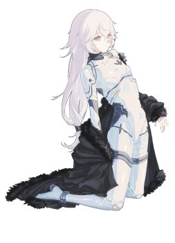 Rule 34 | 1girl, 621 (armored core vi), alcohol635440, armored core, armored core vi: fires of rubicon, black coat, bodysuit, coat, coat partially removed, covered navel, expressionless, fur-trimmed coat, fur trim, highres, kneeling, long hair, mecha pilot suit, red eyes, simple background, solo, white background, white bodysuit, white hair
