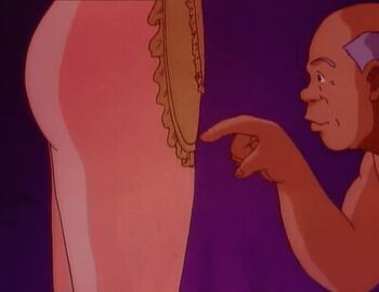 1990s_(style) 1992 age_difference animated animated_gif apron apron_aside apron_lift arms_up ass bald blush brown_hair censored closed_eyes clothes_lift cunnilingus embarrassed fat fat_man licking lipstick long_hair lowres makeup naked_apron nude old old_man older_male_and_younger_female oral prostitution retro_artstyle serving serving_tray youjuu_sensen_adventure_kid