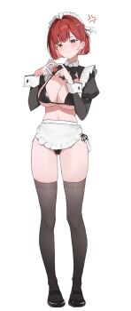 1girl akane_lize anger_vein apron bikini black_bikini black_shoes black_shrug black_thighhighs breasts closed_mouth commentary_request diamond_(shape) dot_nose frilled_shrug full_body grey_eyes hair_intakes hands_up heart heart_hands highres korean_commentary large_breasts long_sleeves looking_at_viewer maid maid_headdress meosic2 multicolored_hair navel raised_inner_eyebrows shoes short_hair shrug_(clothing) side-tie_bikini_bottom simple_background sleeve_cuffs solo split_mouth standing stellive stomach straight-on streaked_hair swimsuit thighhighs unconventional_maid virtual_youtuber waist_apron white_apron white_background