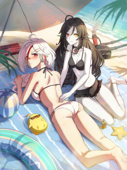 2girls absurdres anchor_earrings arbiter_the_devil_xv_(azur_lane) azur_lane beach beach_towel beach_umbrella bikini black_bikini black_hair black_nails breasts cleavage colored_skin commentary_request commission curly_hair day downes_(azur_lane) earrings frilled_bikini frills from_above from_behind frown full_body hair_ornament hairclip hand_on_another's_back heterochromia highres isome jewelry long_hair looking_at_viewer looking_back looking_up lying medium_breasts mole mole_under_eye multicolored_hair multiple_girls nail_polish navel ocean on_stomach outdoors palm_tree pixiv_commission ponytail red_eyes red_hair siren_(azur_lane) sitting small_breasts smile streaked_hair swimsuit thighs towel tree two-tone_hair umbrella very_long_hair white_bikini white_hair white_skin yellow_eyes