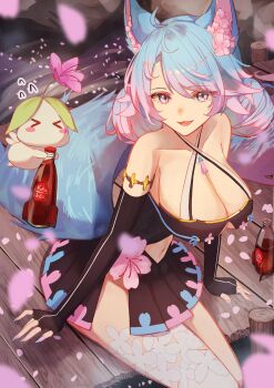 1girl absurdres animal_ears bare_shoulders black_gloves black_skirt blue_eyes blue_hair blue_tail bottle breasts cherry_blossoms cleavage clothing_cutout commentary elbow_gloves english_commentary fingerless_gloves flower gloves gradient_hair gradient_nails gradient_tail hair_flower hair_ornament highres hip_vent indie_virtual_youtuber large_breasts long_hair looking_at_viewer mozzu123 multicolored_hair multicolored_tail navel_cutout open_mouth pier pink_flower pink_hair pink_tail silvervale silvervale_(sakura_goddess) sitting skirt tail virtual_youtuber wolf_ears wolf_girl wolf_tail