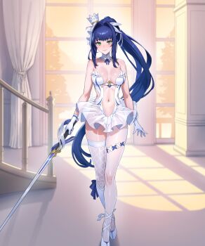 1girl absurdres artist_request asymmetrical_legwear blue_hair blue_ribbon blush breasts breasts_apart commentary_request crossed_legs crown cuboon curtains detached_collar dress evertale flower_thigh_strap frilled_skirt frills full_body gloves green_eyes hair_intakes high_ponytail highres holding holding_sword holding_weapon lace lace-trimmed_gloves lace-trimmed_thighhighs lace_trim long_hair looking_at_viewer ludmilla_(evertale) ludmilla_(red_dragon_dancer)_(evertale) medium_breasts mini_crown navel official_art pantyhose pillar ponytail railing revealing_clothes ribbon second-party_source see-through_clothes see-through_skirt see-through_thighhighs shadow shiny_skin shoes sidelocks single_leg_pantyhose skirt smile solo spiral_staircase stairs standing sunlight sword thigh_gap thighhighs very_long_hair watson_cross weapon white_dress white_gloves white_pantyhose white_shoes white_thighhighs wind