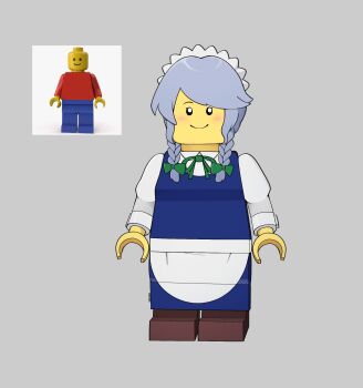 1girl braid closed_mouth commentary english_commentary full_body grey_background grey_hair highres izayoi_sakuya lego lego_minifig looking_at_viewer maid maid_headdress reference_inset side_braids simple_background smile solo touhou twin_braids umisaki what