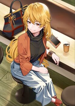 1girl alternate_costume bag black_sweater blonde_hair blue_pants breasts cellphone closed_mouth coffee commentary contemporary cup disposable_cup earrings english_commentary handbag highres jacket jewelry junko_(touhou) kashiwagi_(pixiv35005989) long_hair medium_breasts on_stool open_clothes open_jacket orange_eyes orange_jacket pants phone red_shoes shoes sitting smartphone smile solo stool sweater touhou very_long_hair
