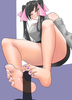 1girl barefoot black_hair blush feet footjob grin highres kon_(user_vvkd7358) long_hair purple_eyes smile soles toes twintails