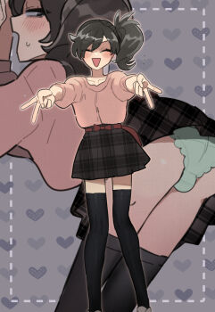 1boy ass black_thighhighs bulge closed_eyes crossdressing crossdressing_(mtf) double_gyaru_v feet_out_of_frame gyaru_v heart highres initsukkii male_focus miniskirt multiple_views nintendo open_mouth panties pantyshot paxton_(pokemon) pink_sweater plaid_clothes plaid_skirt pokemon pokemon_legends:_z-a side_ponytail skirt smile standing sweater thighhighs underwear upskirt v zettai_ryouiki
