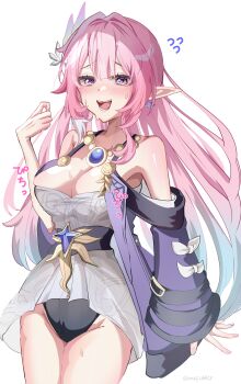 1girl absurdres bare_shoulders black_leotard breasts chuuna_(unagiunazy) cleavage coat commentary_request cyrene_(aedes_elysiae)_(honkai:_star_rail) cyrene_(honkai:_star_rail) cyrene_(ripples_of_past_reverie)_(honkai:_star_rail) diamond-shaped_pupils diamond_(shape) dress highres honkai:_star_rail honkai_(series) jewelry large_breasts leotard leotard_under_clothes long_hair looking_at_viewer multicolored_hair necklace pink_hair pointy_ears purple_coat purple_eyes self_cosplay simple_background solo symbol-shaped_pupils thighs two-tone_hair very_long_hair white_background white_dress white_hair
