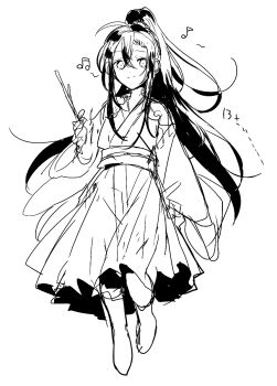 1boy ahoge amana_raika androgynous blush boots chinese_clothes closed_mouth eighth_note full_body greyscale hair_between_eyes hanfu high_ponytail highres holding holding_stick long_hair long_sleeves looking_at_viewer male_focus modao_zushi monochrome musical_note ponytail robe sash sidelocks simple_background sketch sleeves_past_wrists smile solo standing stick very_long_hair wei_wuxian white_background wide_sleeves