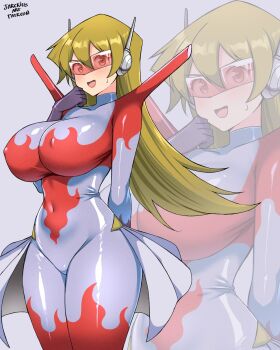 1girl bodysuit breasts brown_hair cosplay covered_erect_nipples cowboy_shot cyber_blader cyber_blader_(cosplay) grey_background grey_bodysuit highres jarckius large_breasts long_hair red_bodysuit solo_focus tenjouin_asuka yu-gi-oh! yu-gi-oh!_gx zoom_layer